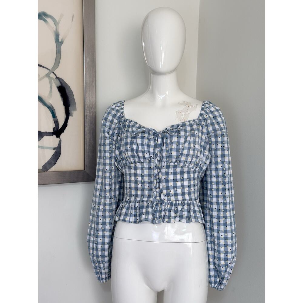Rose And Grey Womens Cottagecore Gingham Peasant Crop Top Long Sleeve Shirt M